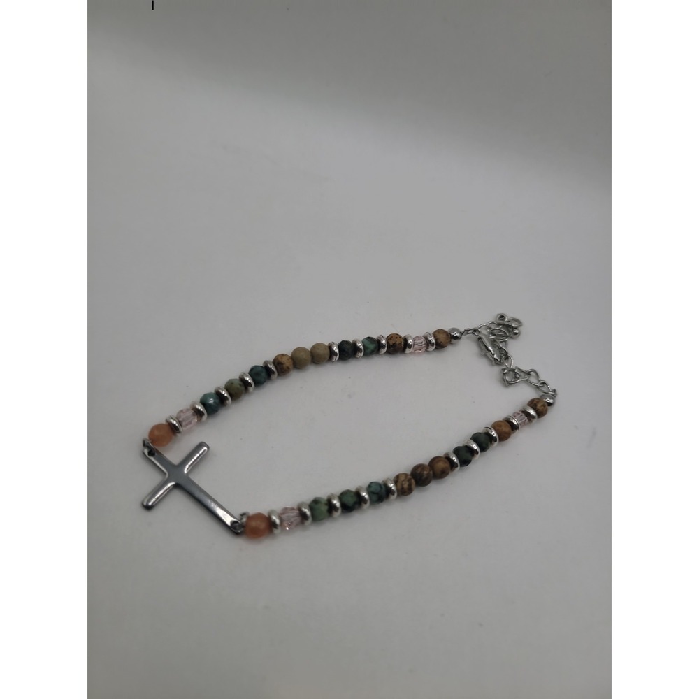 Silver Tone Sideways Cross Bracelet Green Yellow Orange Beaded Adjustable Boho